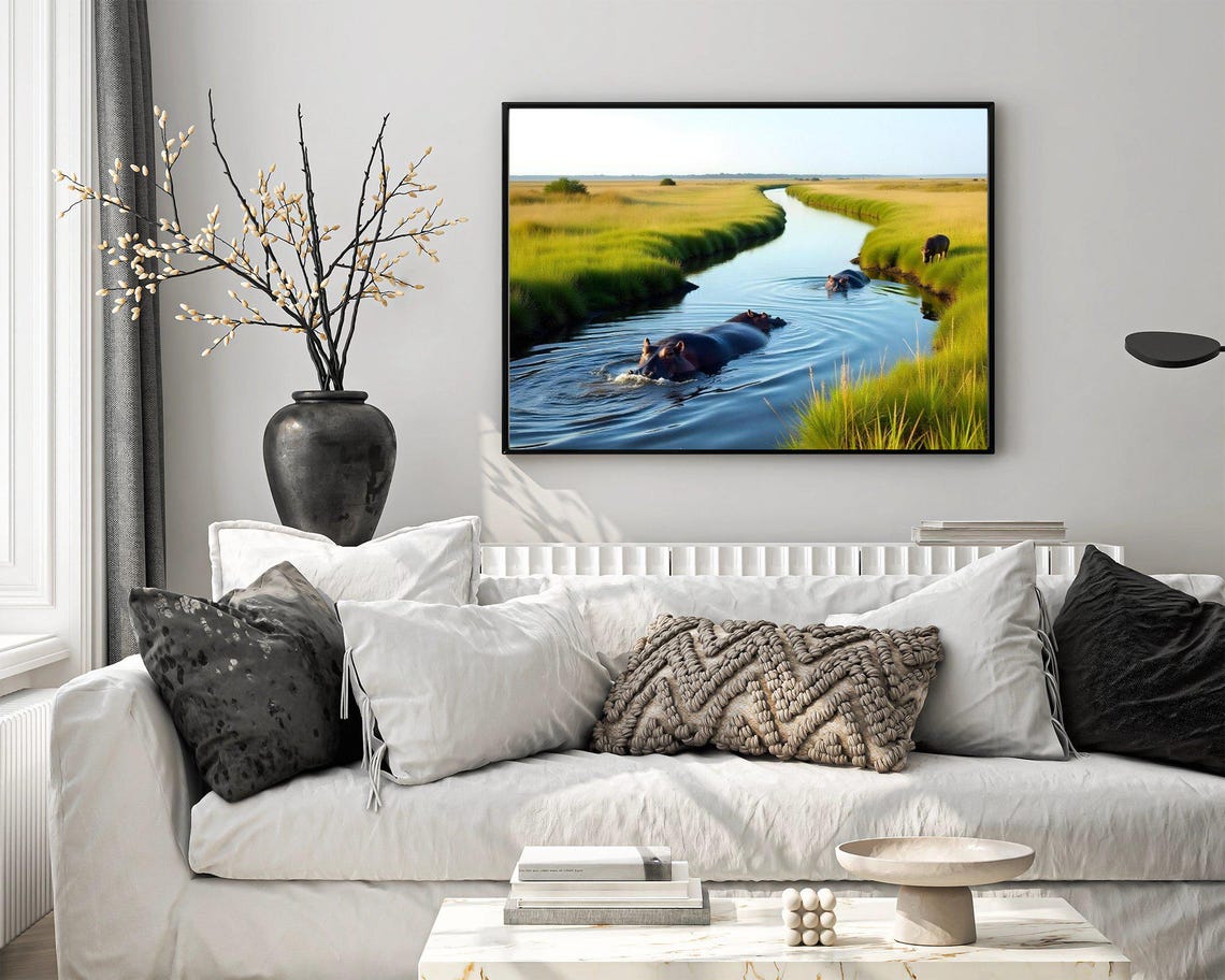 Hippos Swimming In A Winding African River Wildlife Nature Poster - Image 4