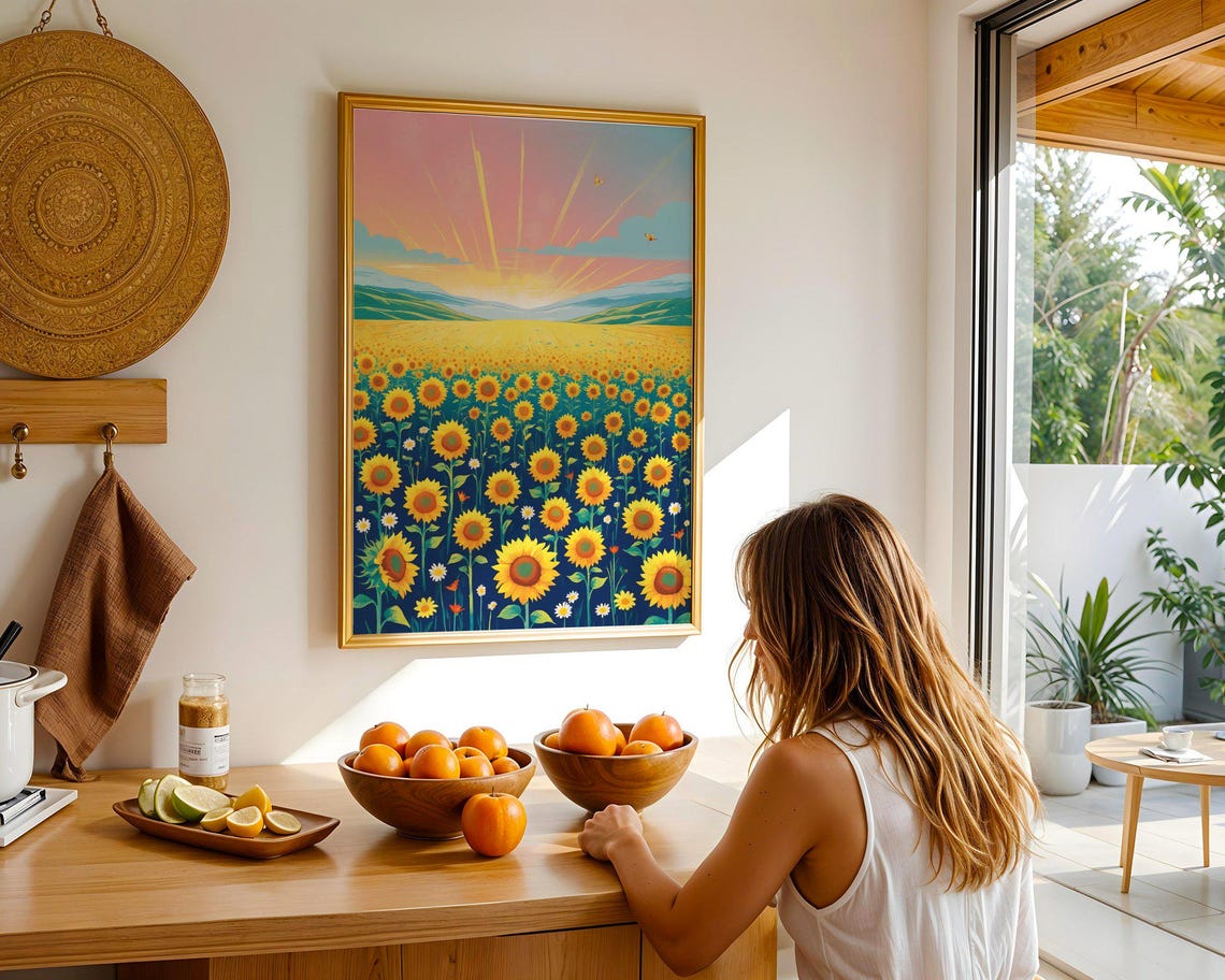 Bright Sunflower Field Sunrise Golden Morning Meadow Sky Art Print - Image 2
