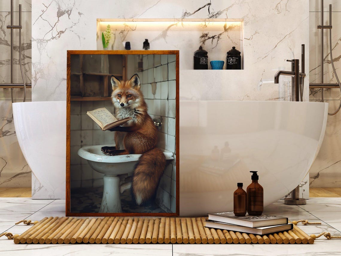 Red Fox Sitting in a Vintage Sink Reading an Open Book Poster - Image 5