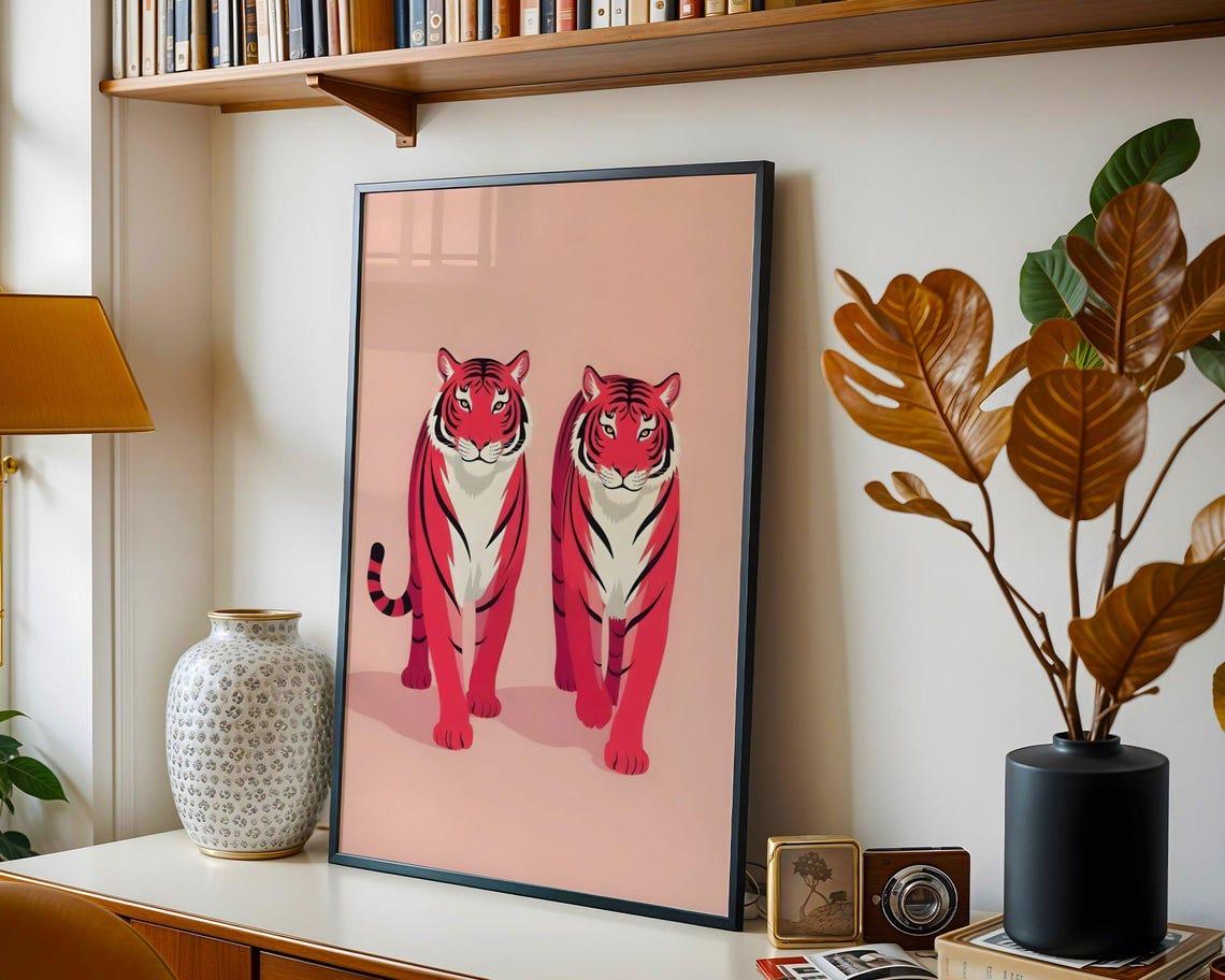 Pair of Red Tigers Walking Pink Background Modern Animal Art Print - Image 5