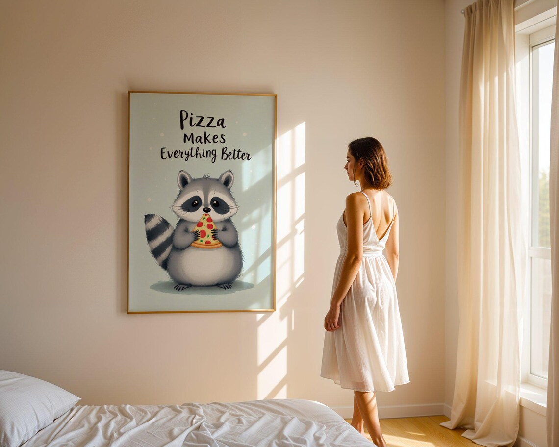 Pizza Makes Everything Better Cute Raccoon Funny Food Animal Art Poster - Image 5