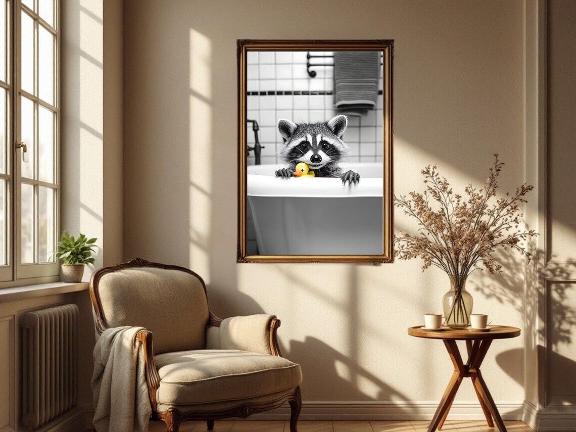 Adorable Baby Raccoon Peeking Over the Bathtub With a Rubber Duck Poster - Image 4