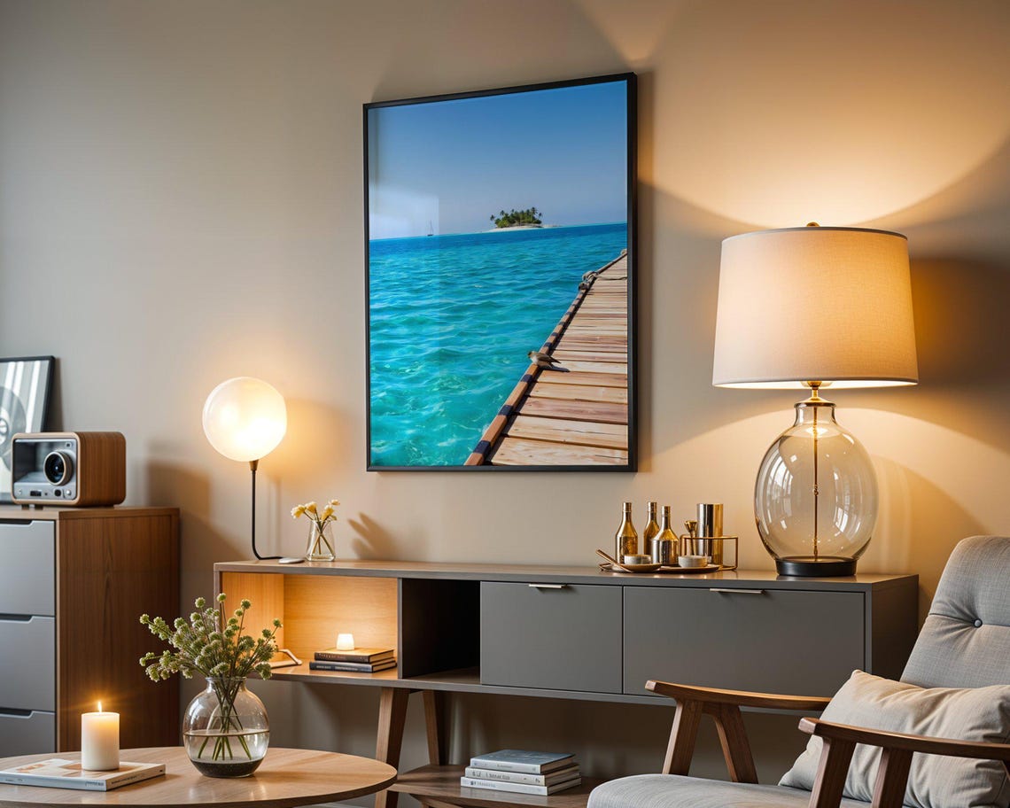 Wooden Pier Walkway Leading to Tropical Island with Sailboat Poster - Image 5