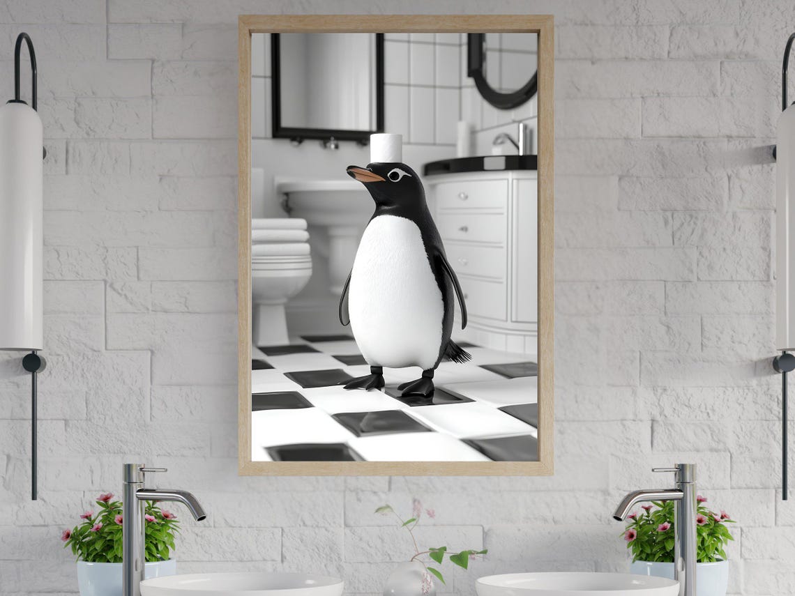 Penguin In Checkered Bathroom Black And White Funny Animal Poster
