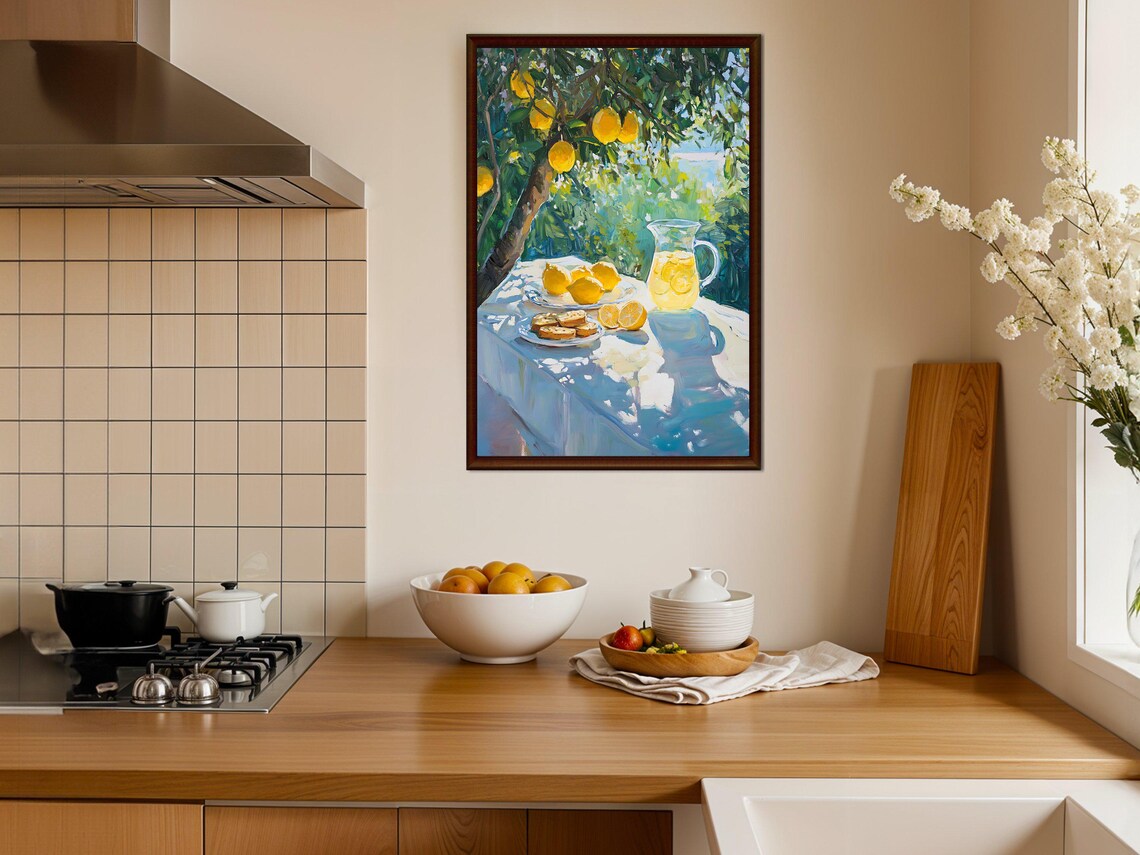 Lemon Tree Sunlit Table Art Still Life Lemons Painting Yellow Citrus Fruit Decor Kitchen Wall Art Fresh Lemonade Painting - Image 3