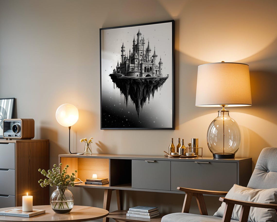 Magical Floating Castle Wall Art Black And White Fantasy Artwork Surreal Castle Decor Gothic Floating Island Print Mystical Home Decor - Image 3