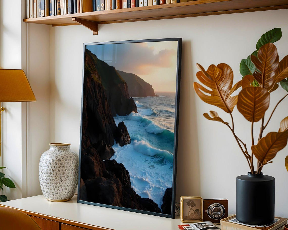 Dramatic Dark Rocky Ocean Cliffs at Sunset With Teal Waves Poster - Image 3