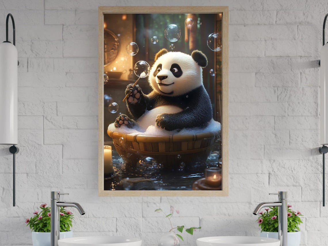Cute Panda Blowing Bubbles in a Wooden Soaking Bathtub Poster