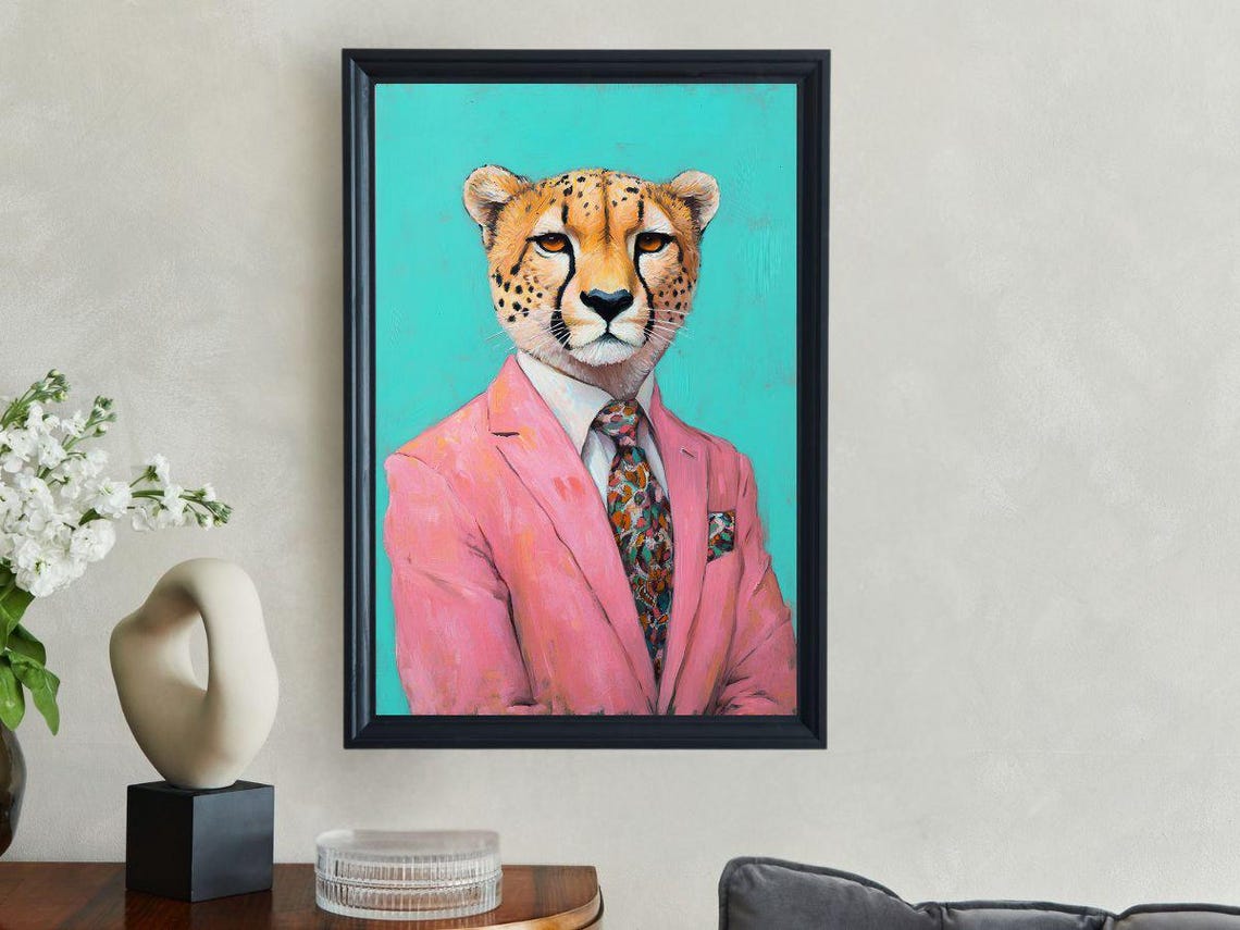 Dapper Cheetah In A Pink Suit With Tie On Turquoise Background Poster