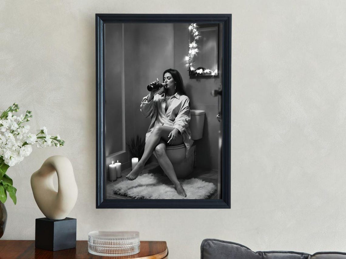 Woman Drinking From A Bottle In A Cozy Candlelit Bathroom Poster - Image 3