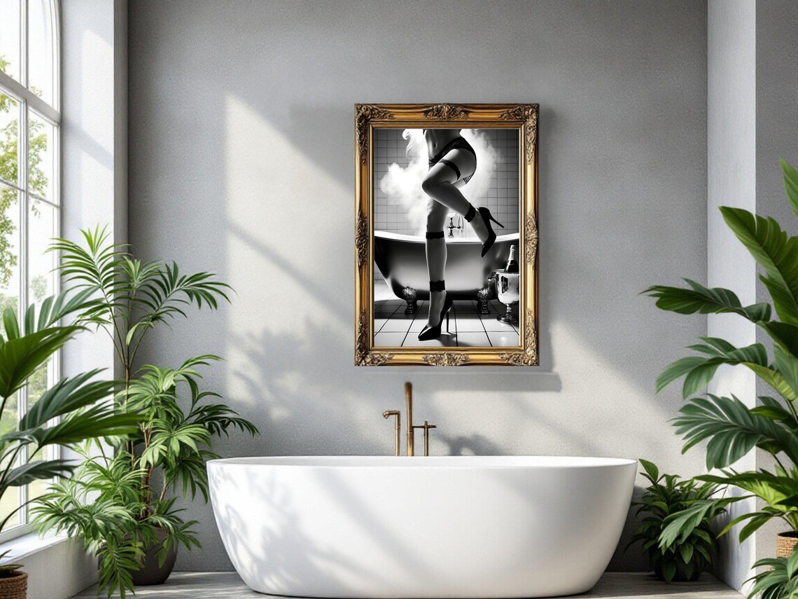 Woman In Lingerie Beside Steaming Clawfoot Bathtub Champagne Poster - Image 3