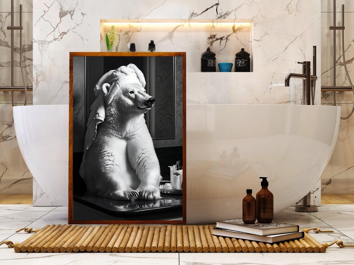 Polar Bear With a Towel on Its Head Sitting on a Bathroom Counter Poster - Image 5