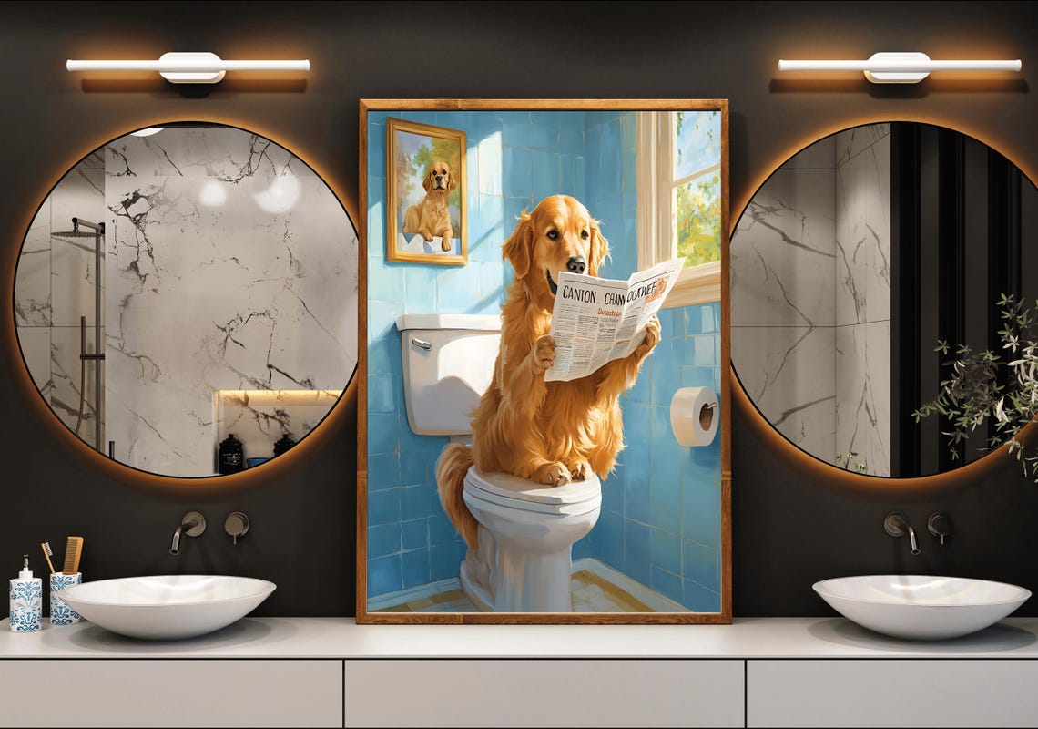 Golden Retriever Reading On Toilet With Framed Portrait Blue Poster - Image 3