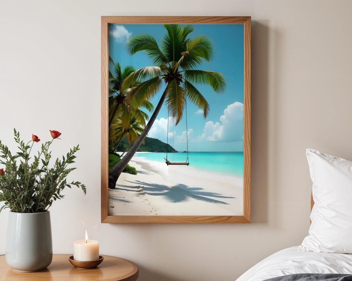 Beach Swing Hanging from Leaning Palm Tree Tropical Paradise Poster