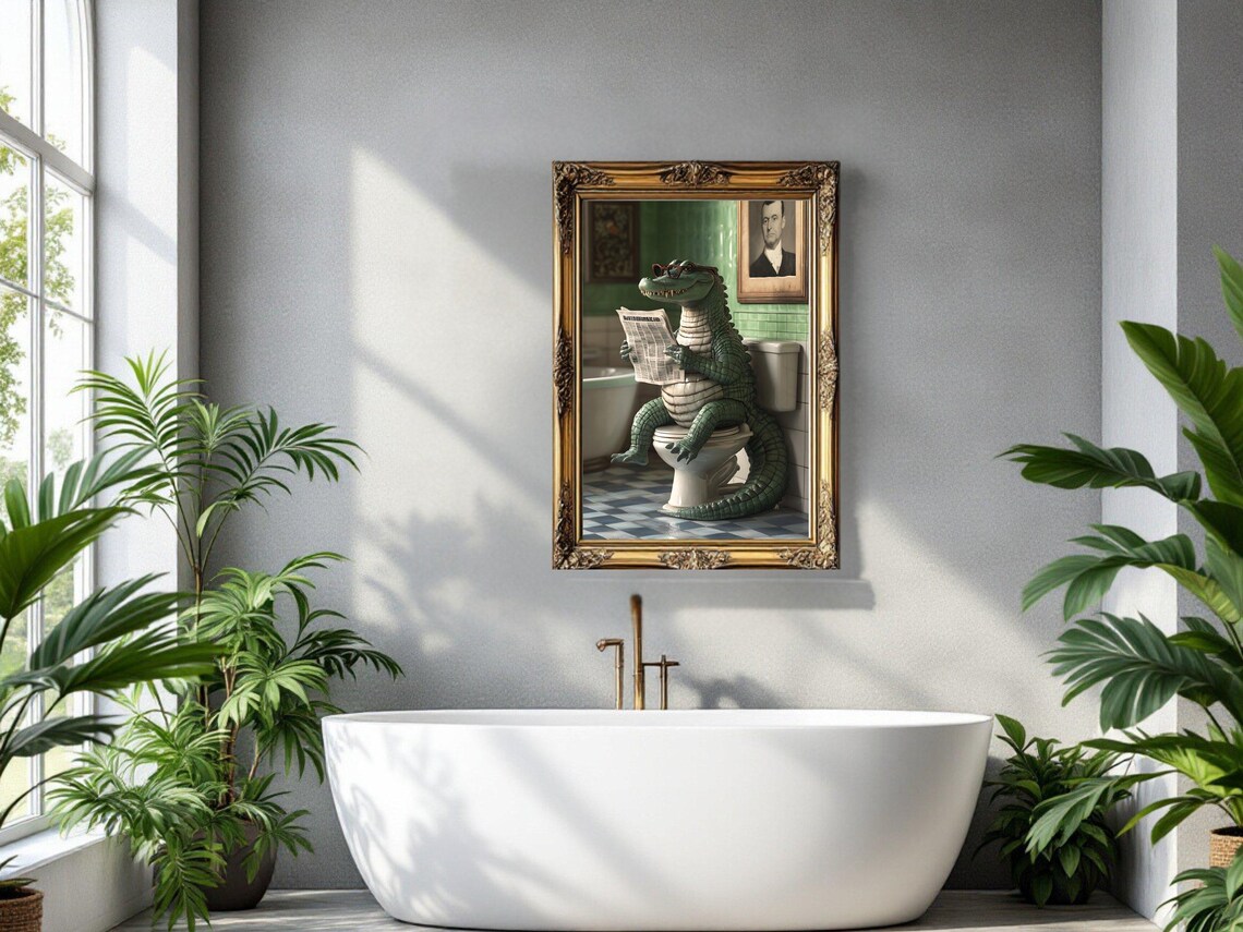 Alligator Reading Newspaper Wall Art Funny Animal Bathroom Decor Humorous Art Print For Bathroom Quirky Alligator Poster - Image 3