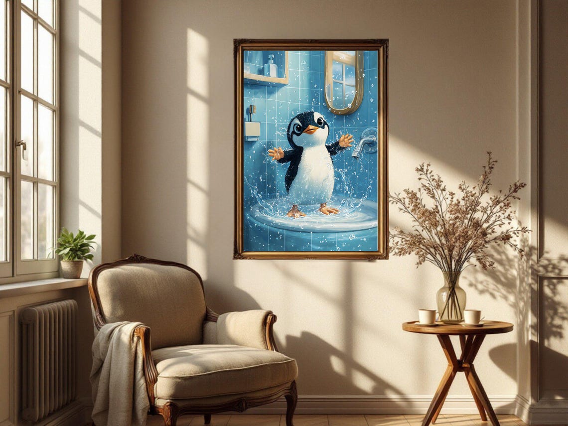 Adorable Baby Penguin Splashing Joyfully in the Bathroom Sink Poster - Image 4