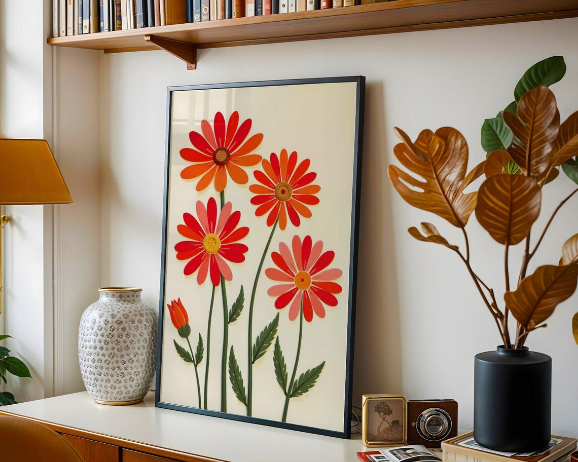 Orange Red Daisy Flowers Cream Background Botanical Art Print - Image 5