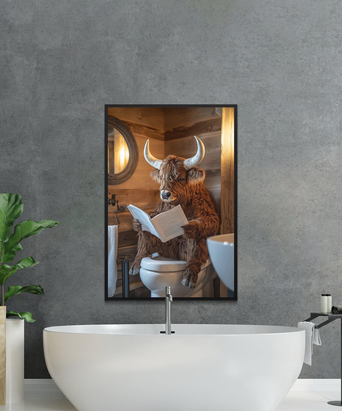 Highland Cow Reading a Book on the Toilet in a Rustic Cabin Poster - Image 2
