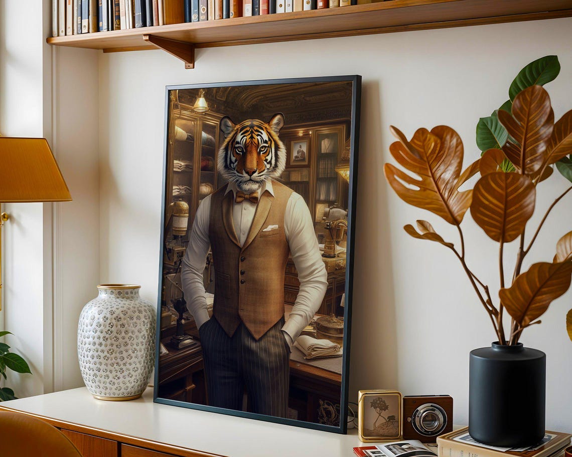 Dapper Tiger in Suit and Bow Tie Vintage Office Portrait Poster - Image 4