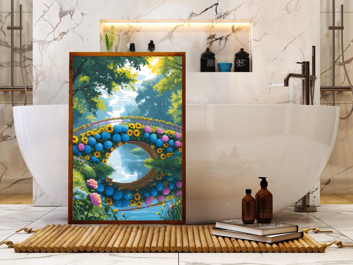 Stunning Floral Bridge Wall Art Print Colorful Nature Inspired Home Decor Vibrant Landscape Art Botanical Garden Art Poster - Image 5