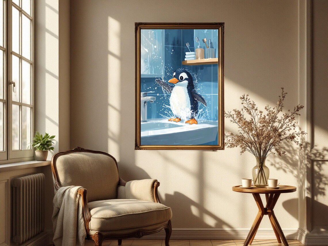 Playful Penguin Splashing Water Across the Bathroom Sink Poster - Image 4
