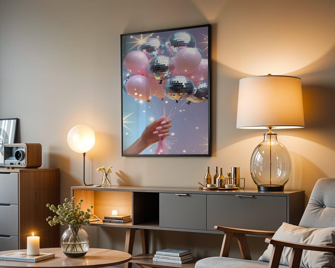 Hand Holding Disco Ball And Pink Balloon Bouquet Celebration Poster - Image 4