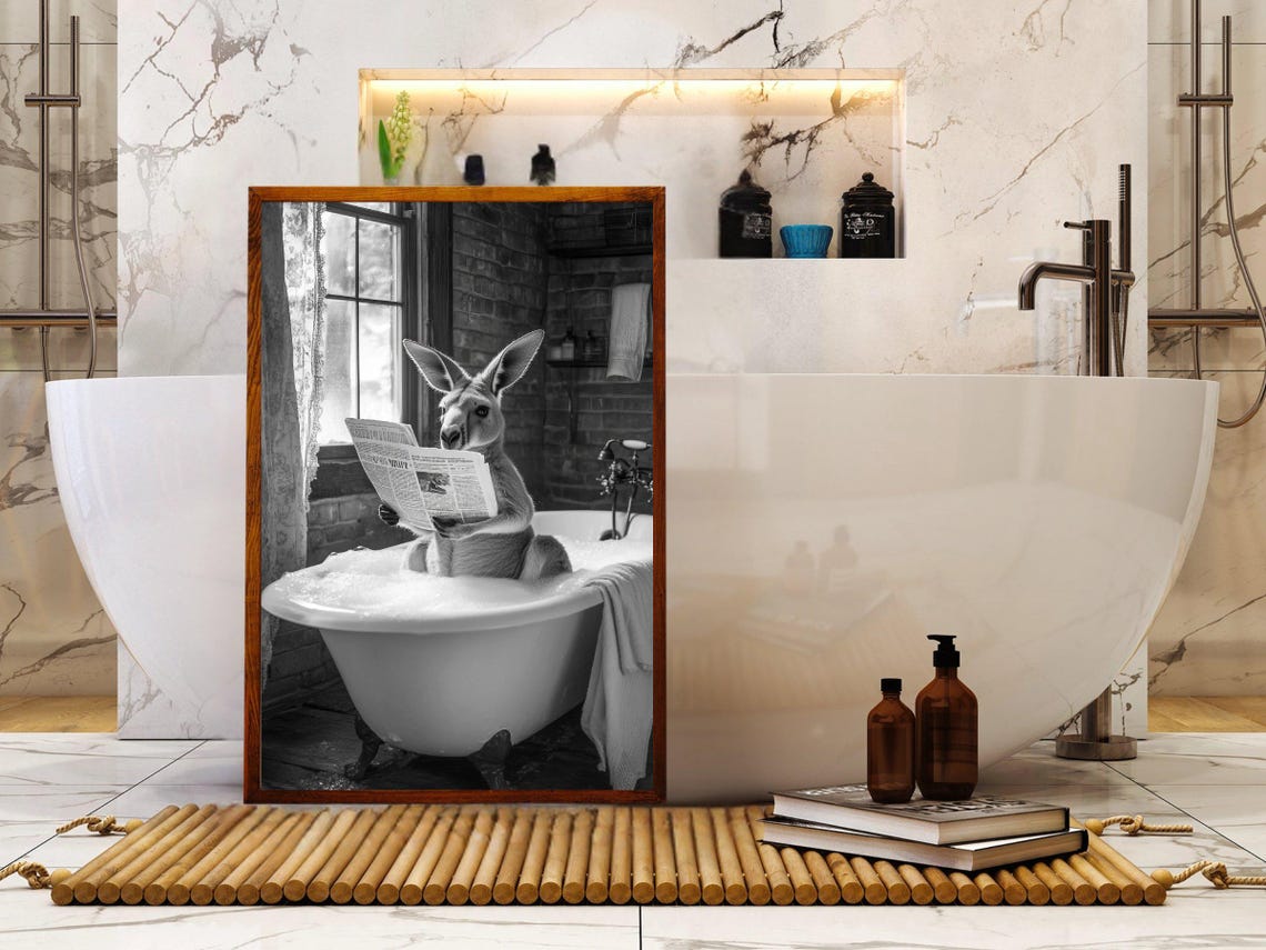Kangaroo Reading a Newspaper in a Bathtub Black White Poster - Image 5