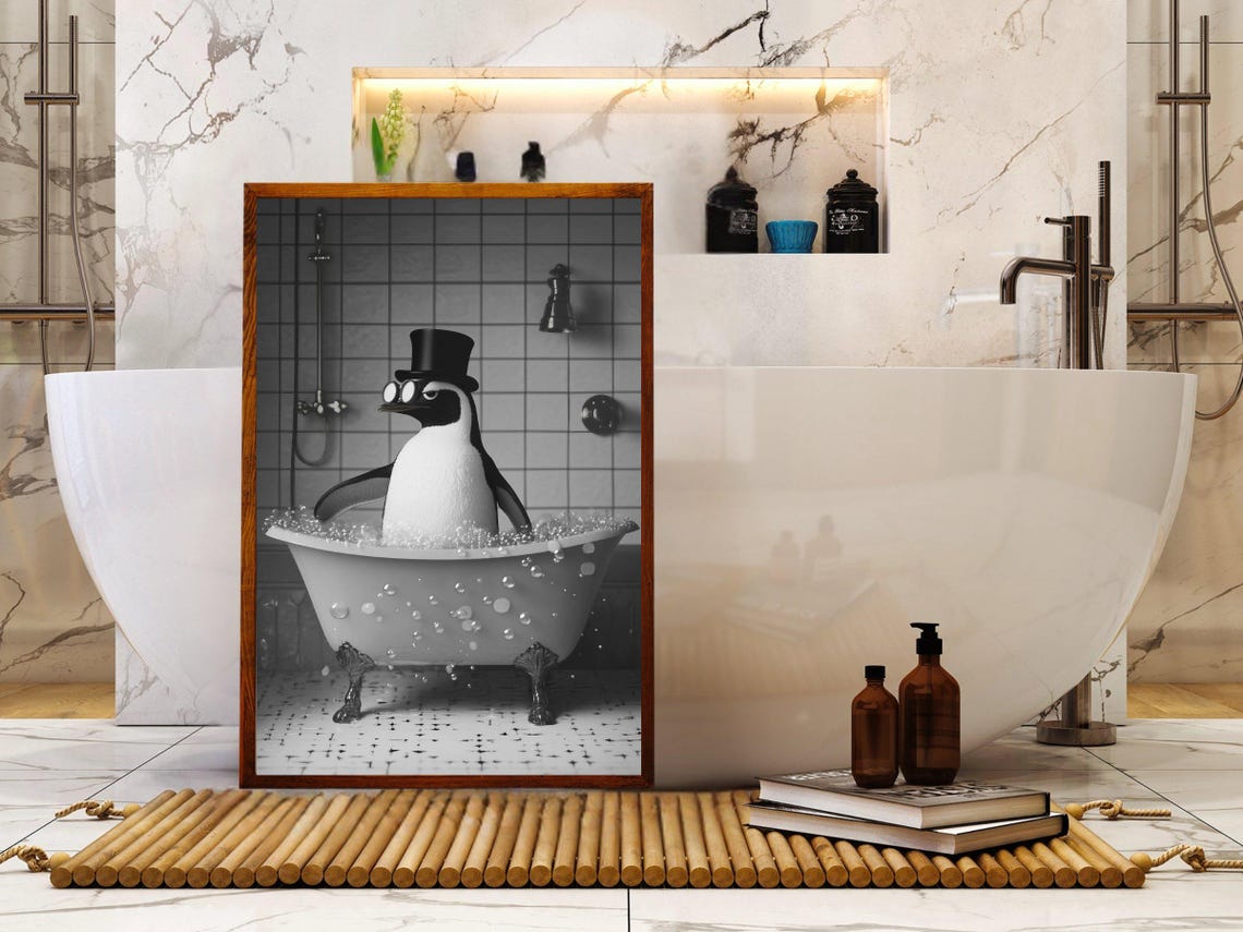 Penguin in a Top Hat Sitting in a Vintage Clawfoot Tub Poster - Image 5
