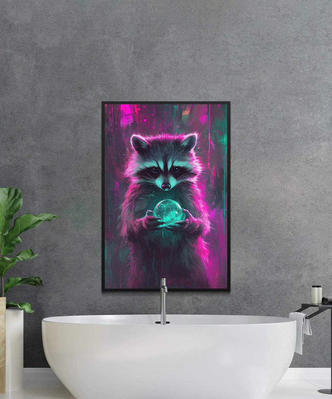 Mystical Raccoon Holding Glowing Crystal Ball Neon Night Poster - Image 4