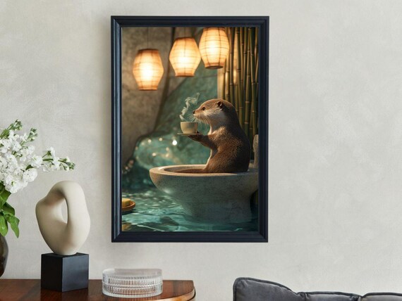 Relaxing Otter Enjoying A Steaming Cup In A Stone Bathtub Poster