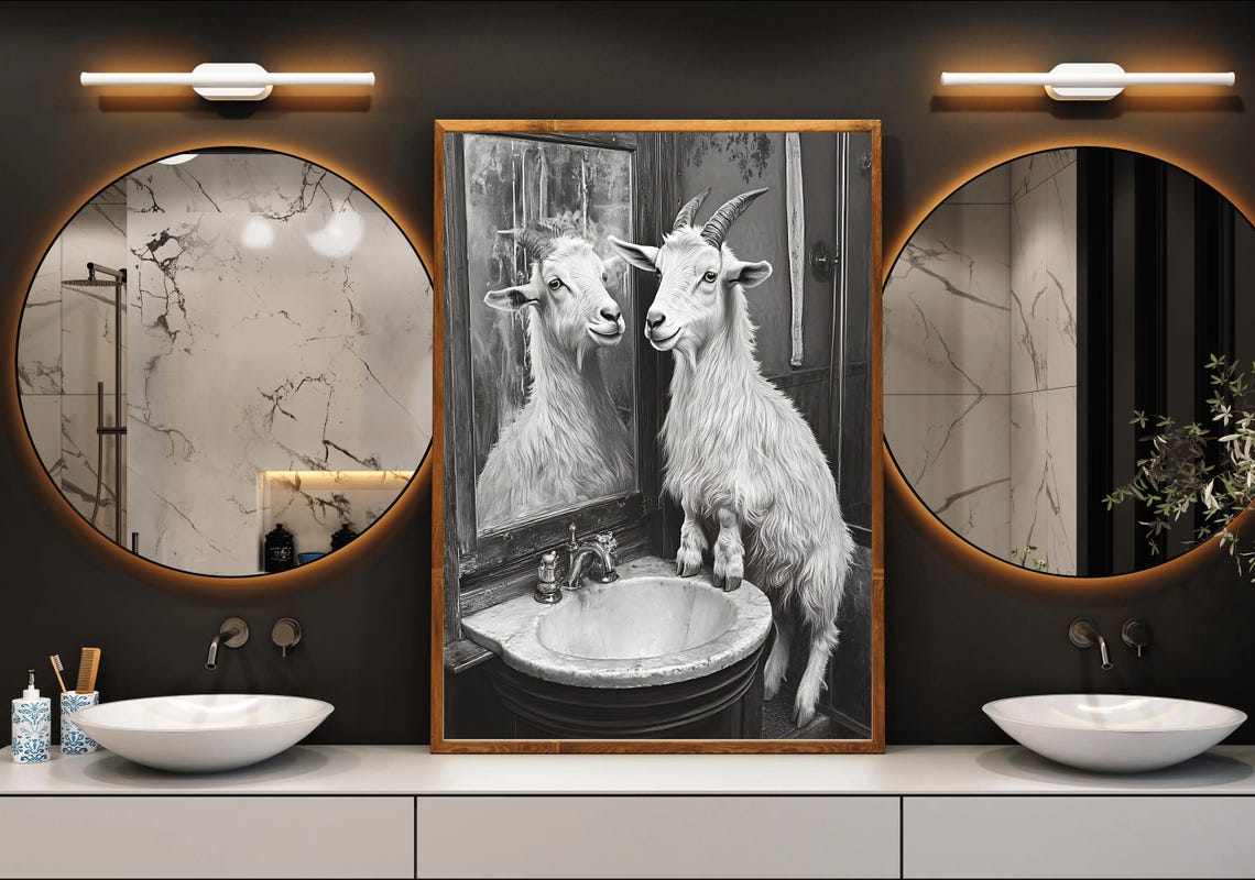 Goat Standing on a Bathroom Sink Admiring Its Reflection Poster - Image 3