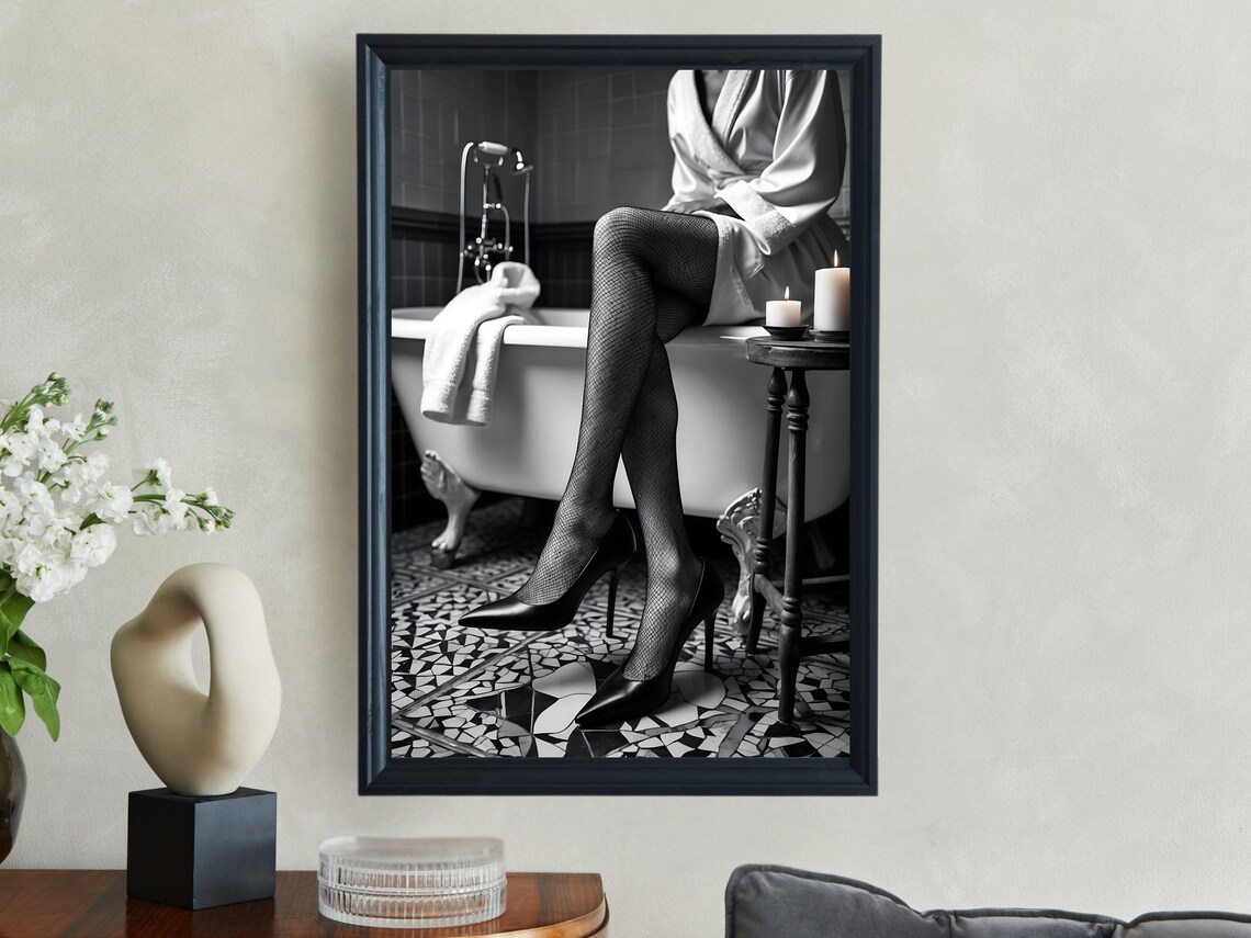 Woman In Fishnet Stockings And Heels Sitting On A Bathtub Poster - Image 4