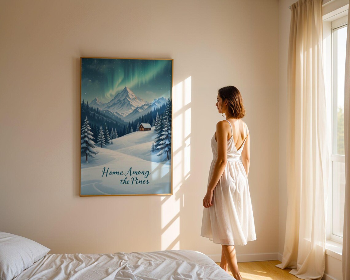 Home Among The Pines Winter Cabin Under Aurora Landscape Poster - Image 5