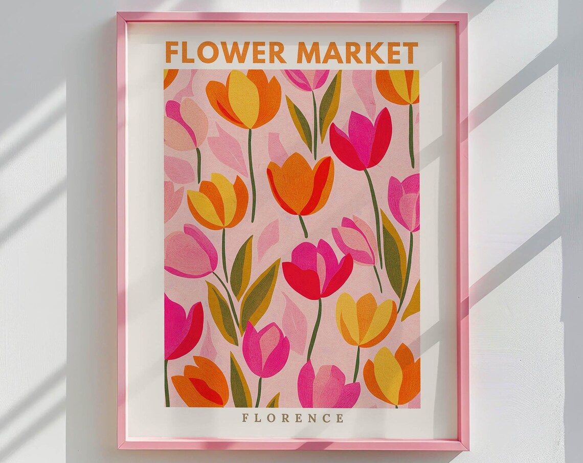 Flower Market Florence Pink Orange Tulips Botanical Art Poster