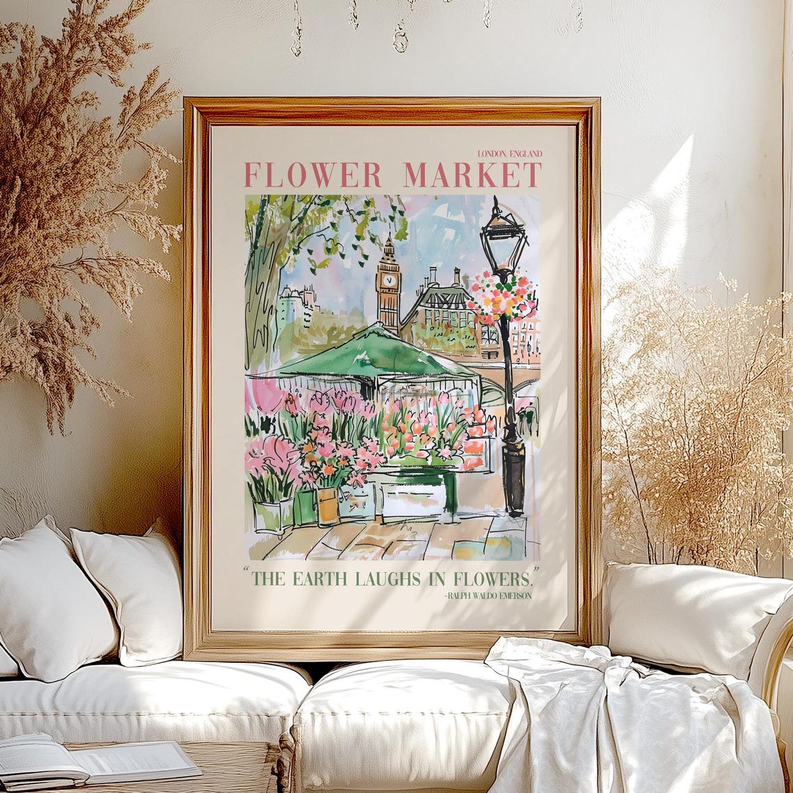 London Flower Market Colorful Painted Rolled Poster Print Artsy Trendy England Wall Art Painting Nature Quote Travel Home Decor Gift