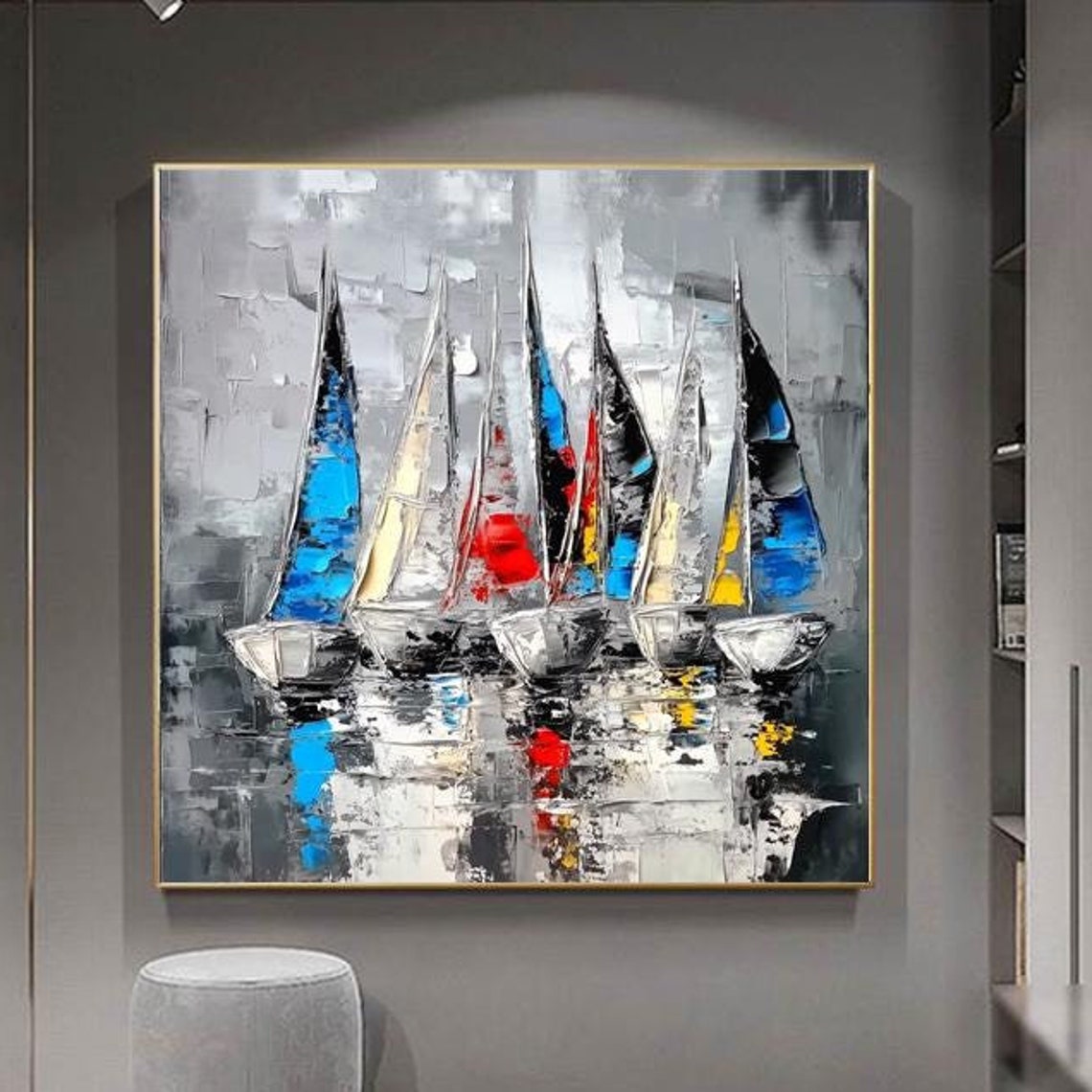 Docked Sailboats With Bright Multicolor Sails on Gray Water Wall Art