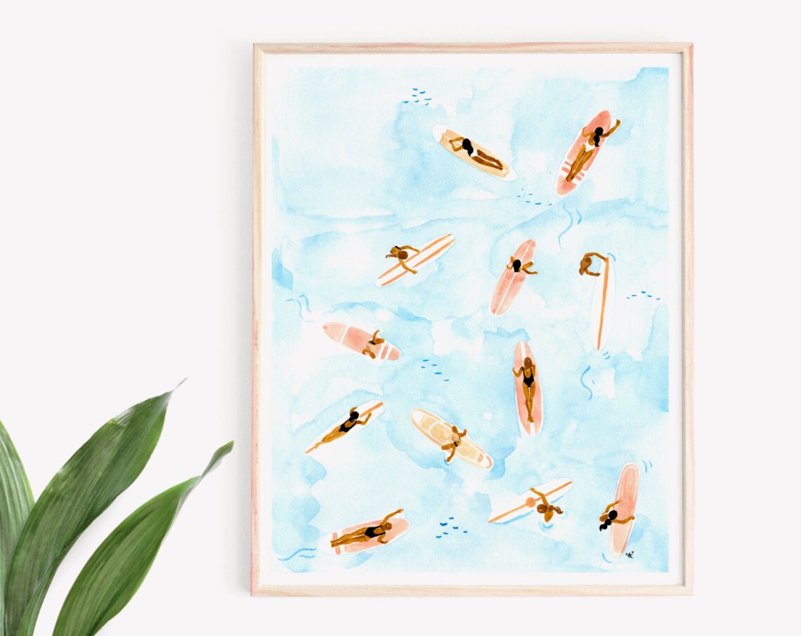 Aerial Surfer Girls Blue Ocean Watercolor Summer Surf Wall Art Print - Image 2
