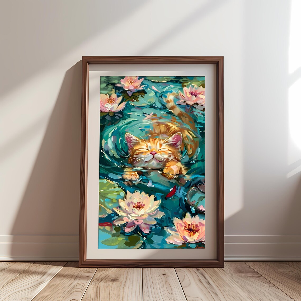 Orange Cat in Monet Water Lilies Pond Impressionist Animal Art Poster