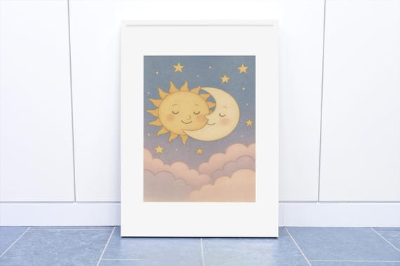 Sun And Moon Embrace, Celestial Nursery Art Print