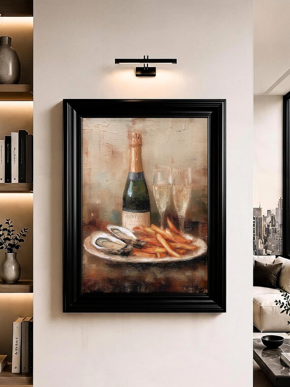 Champagne Oyster Wall Art French Bistro Food Oil Painting Print