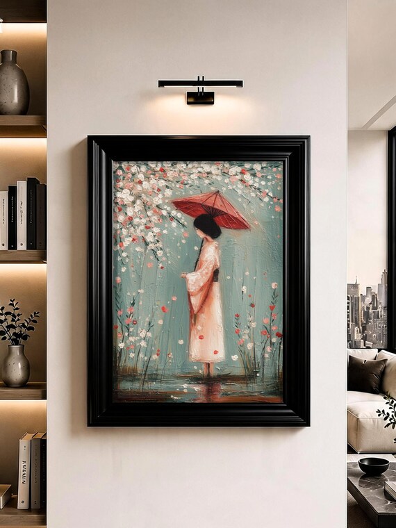 Woman Kimono Red Umbrella Cherry Blossom Rain Japanese Art Poster