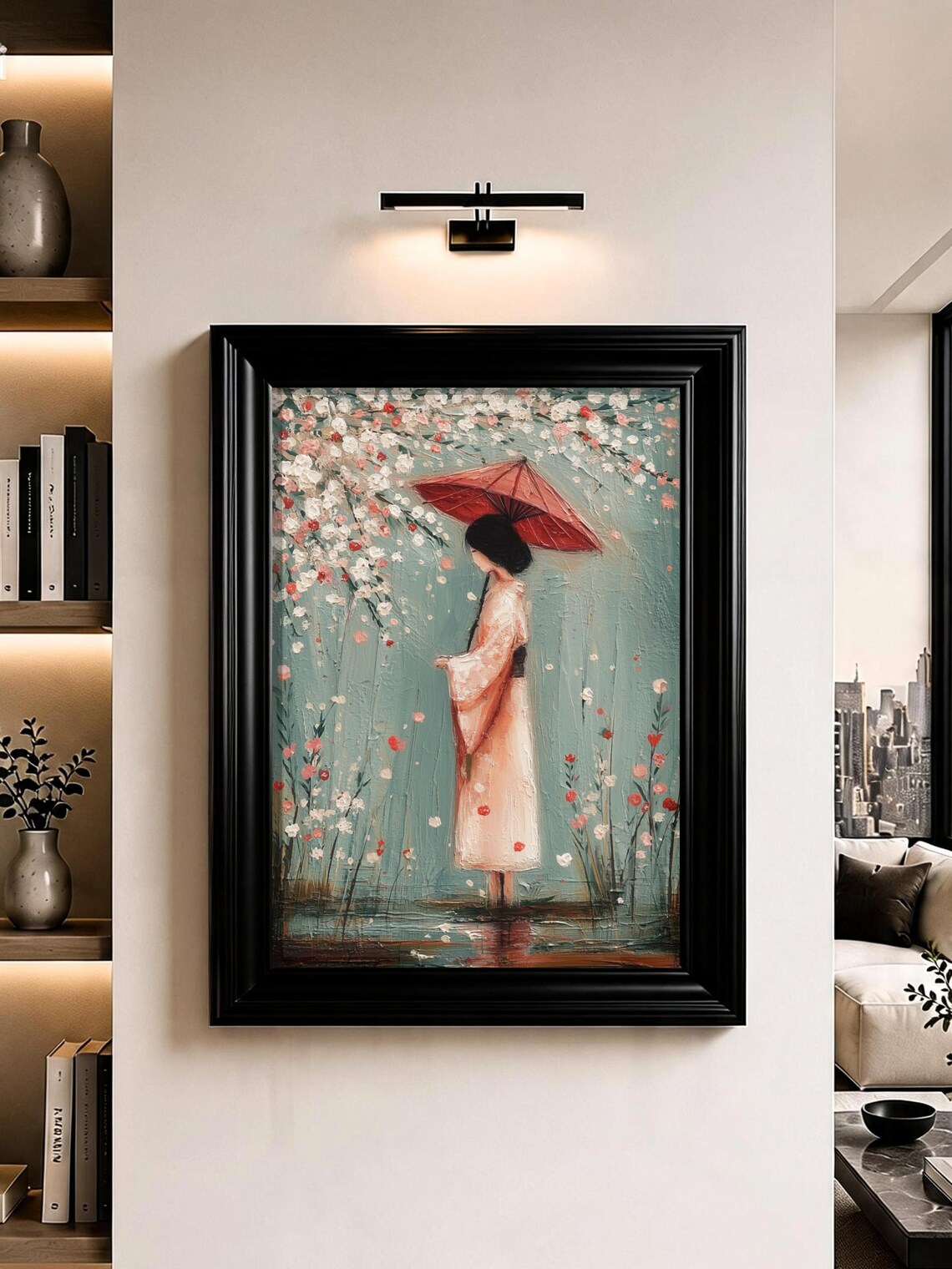 Woman Kimono Red Umbrella Cherry Blossom Rain Japanese Art Poster