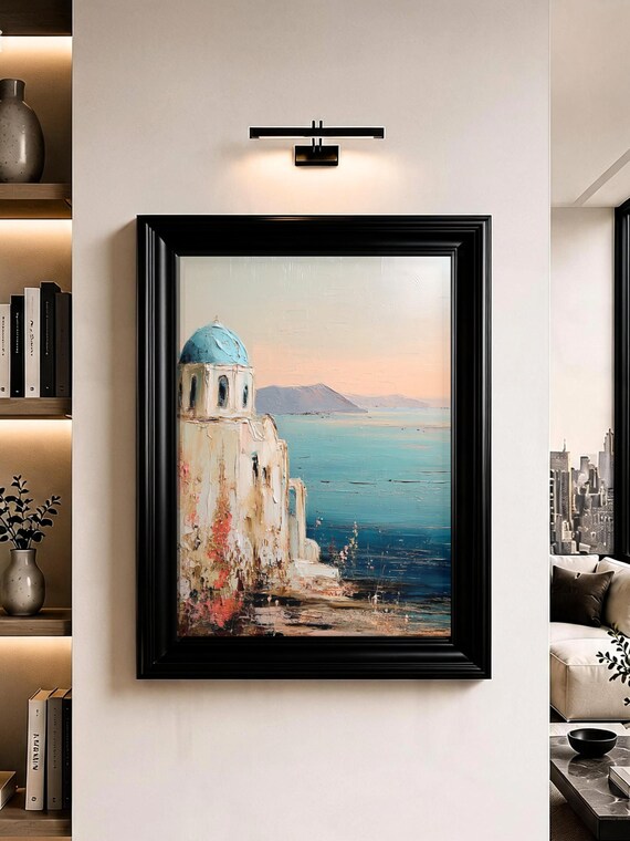 Santorini Greece Wall Art Blue Dome Coastal Oil Painting Print