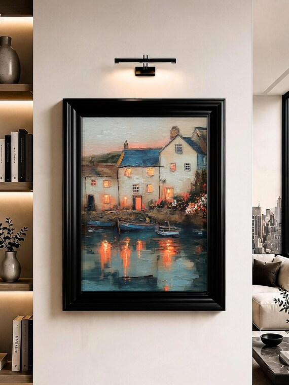 Coastal Harbour Wall Art British Fishing Village Oil Painting Print