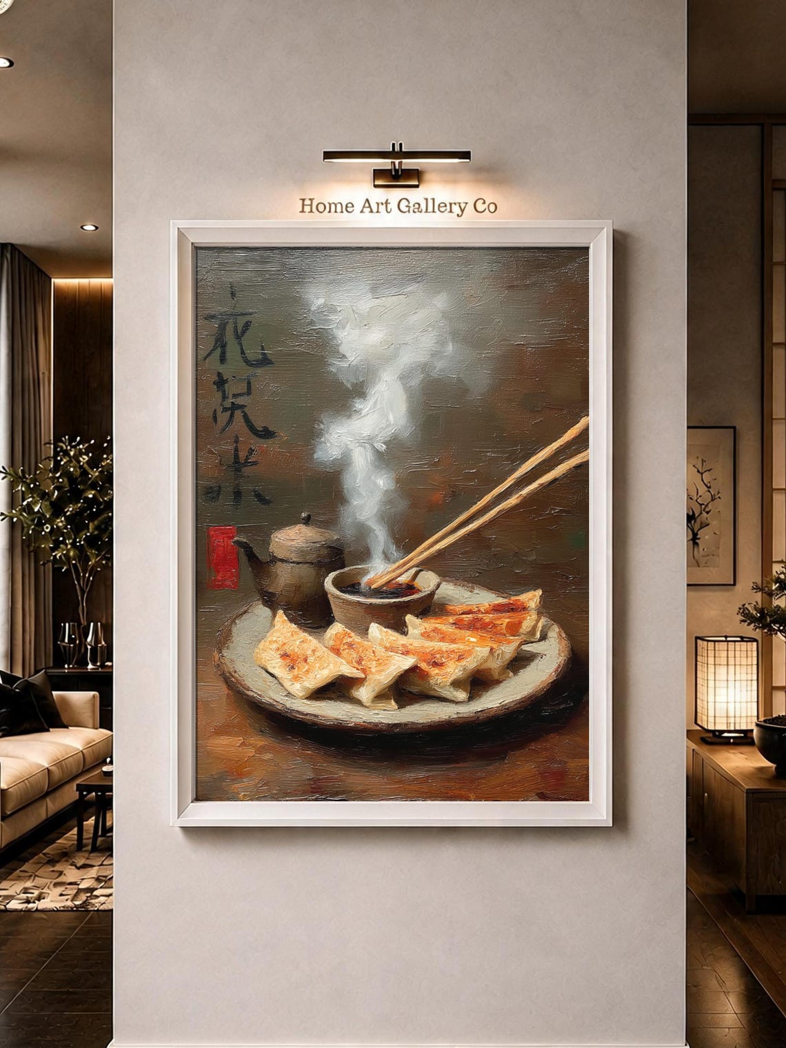 Steaming Gyoza Plate Teapot Dipping Sauce Kanji Impasto Kitchen Poster