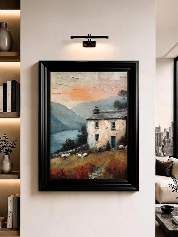 Lake District Cottage Wall Art Sheep Lakeside Oil Painting Print