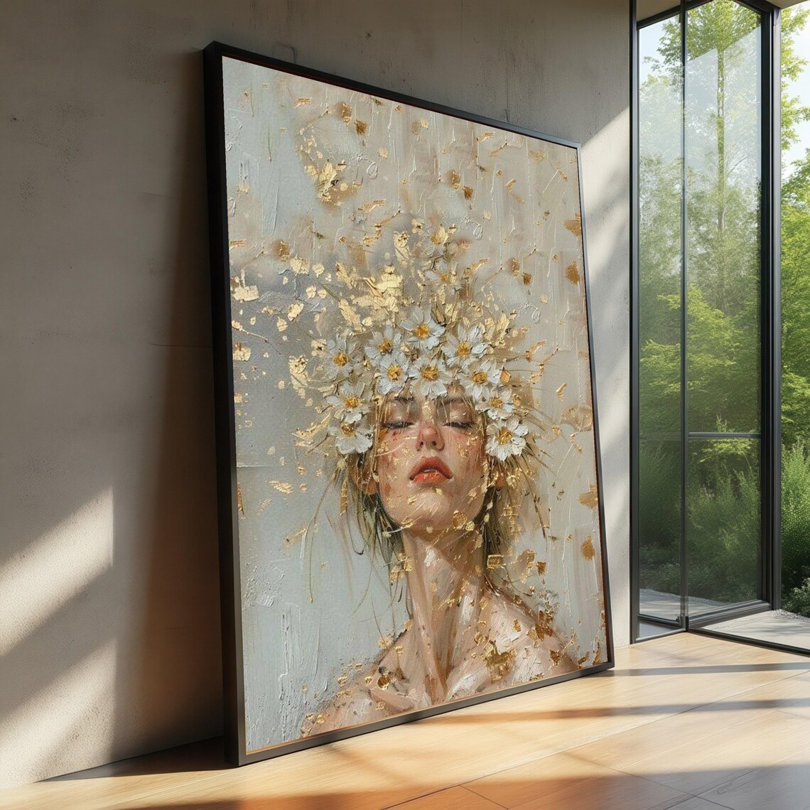 Elegant Woman Daisies Gold Leaf Floral Dreamy Portrait Poster