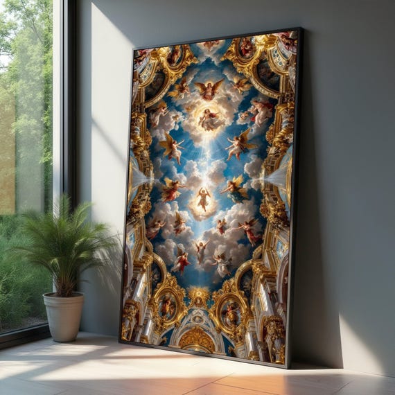 Heavenly Sky Ceiling Fresco, Baroque Angel Art Print