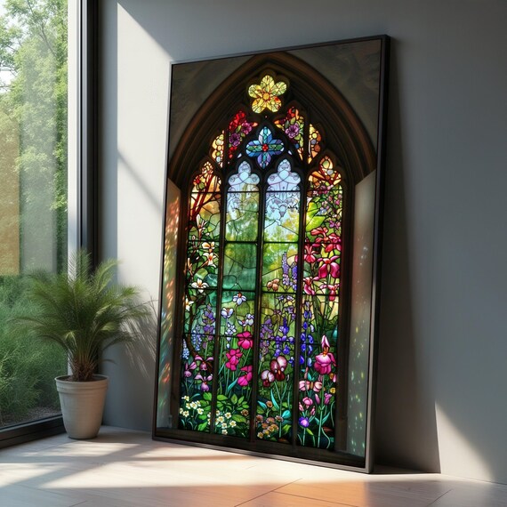 Vibrant Stained Glass Floral Window Canvas Colorful Garden Flowers Wall Art Gothic Arch Design Nature Inspired Home Decor