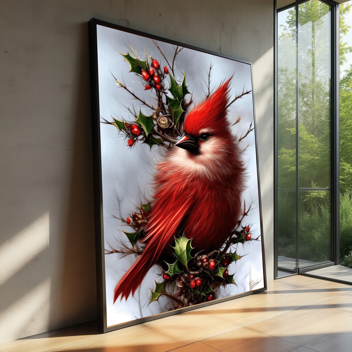 Red Cardinal Wall Art Print, Winter Bird Illustration